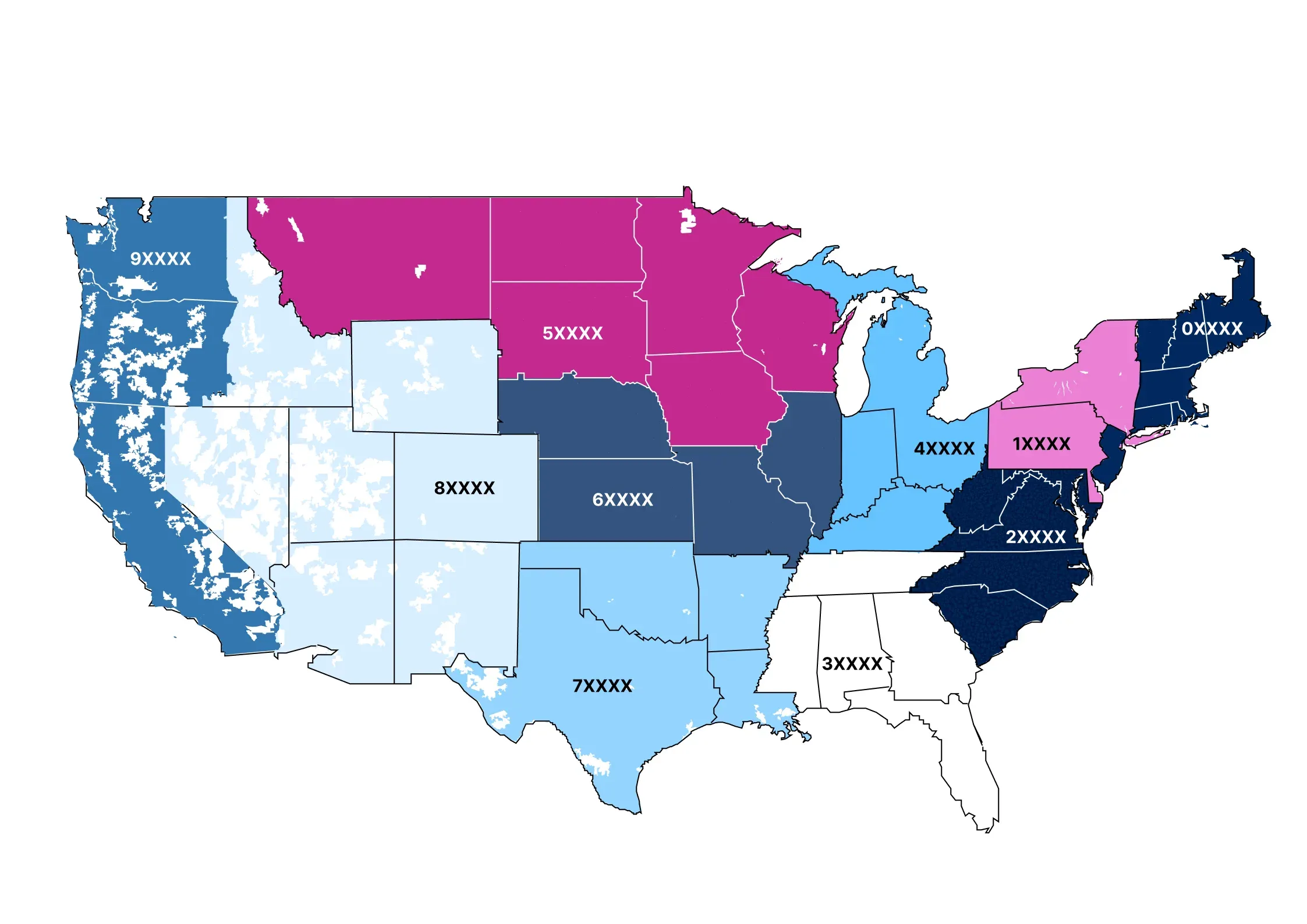 Map of the US colored by the first ZIP digit, from 0XXXX in New England to 9XXXX on the West Coast