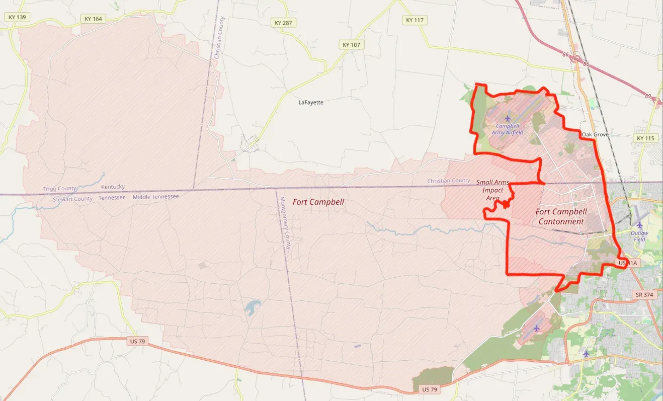 Map of Fort Campbell outlined in red, straddling the Kentucky-Tennessee state line, all under ZIP code 42223