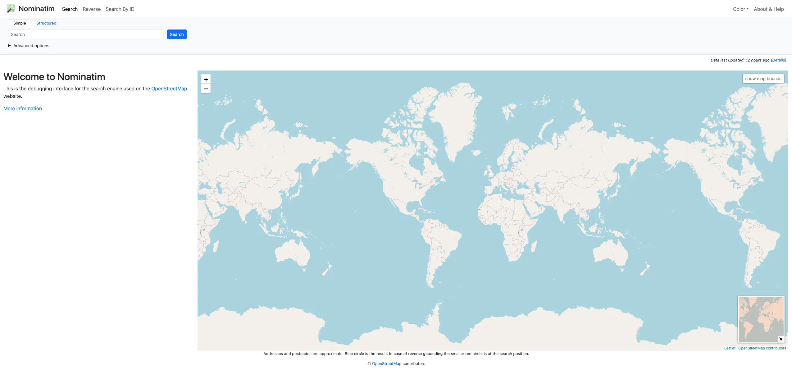 Nominatim homepage with a search bar above an OpenStreetMap world map