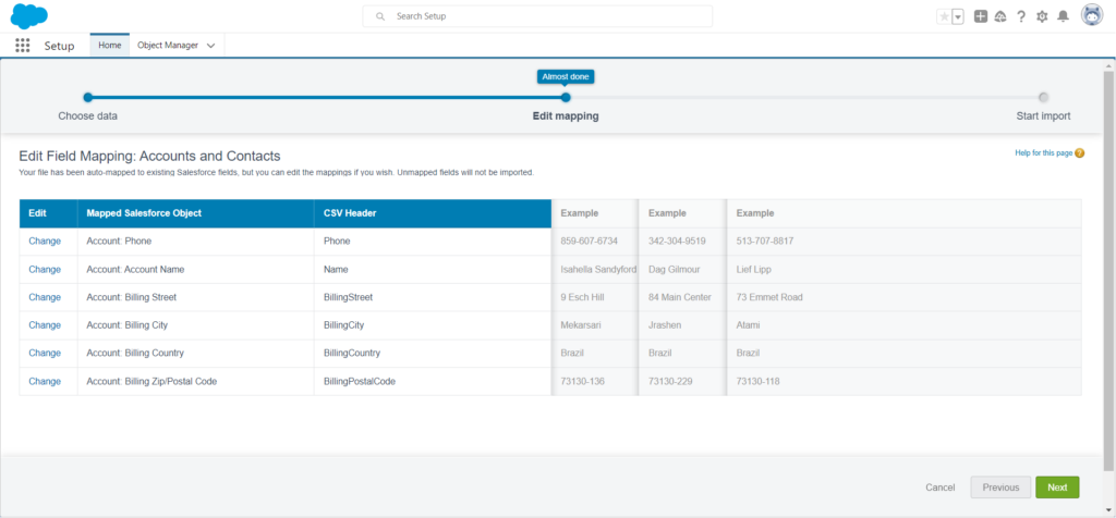 Account field mapping including zip code