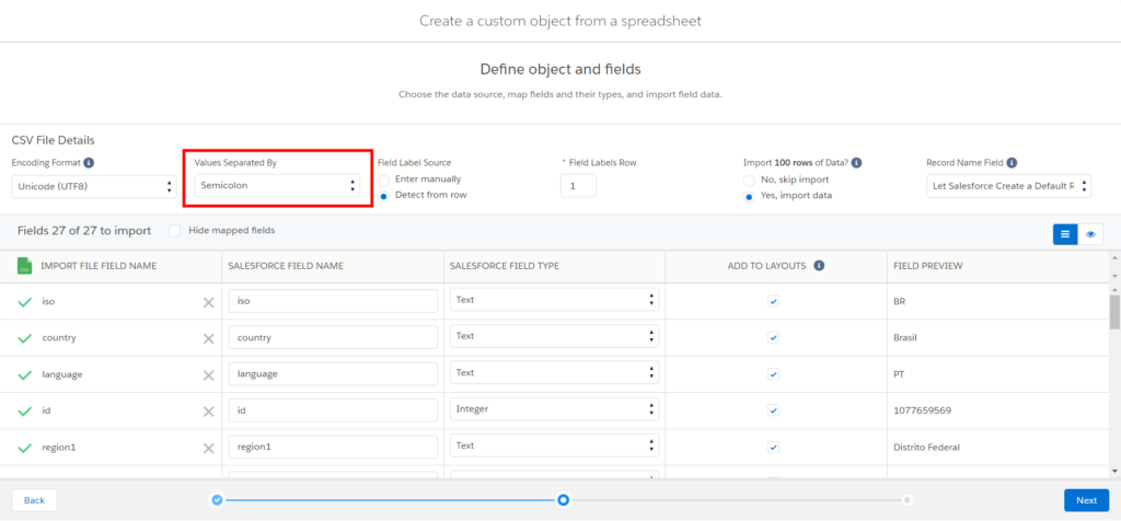 Define objects and fields screen including geocoded zip codes