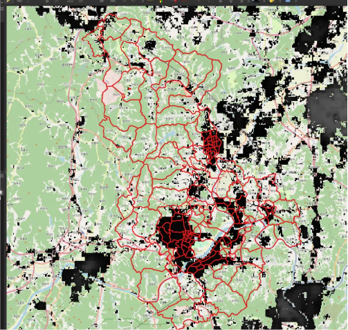 postal zones overlayed on the population density layer