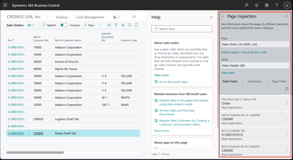 Microsoft Dynamics page inspection