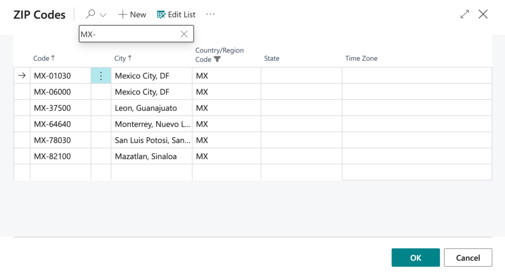 Microsoft Dynamics Mexico zip codes