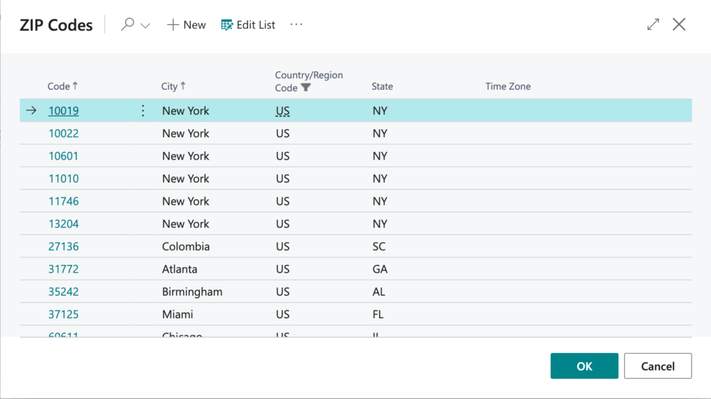 Microsoft Dynamics US zip codes