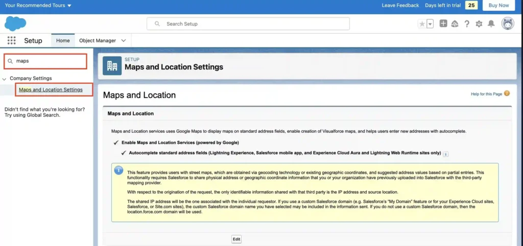 Maps and Location Salesforce Settings