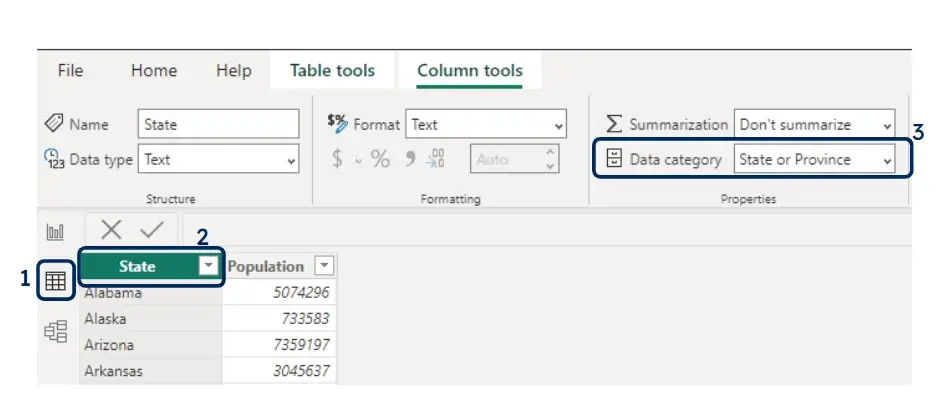 power bi select state field